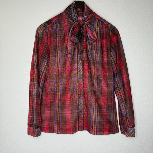 Vintage Blouse 70s Miss Capri Check Plaid Secretary Bow Blouse | Small - Picture 5 of 13